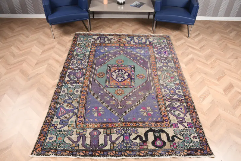 Vintage Teppich, 5,9x8,1 ft Übergroßer türkischer Teppich, Oushak Lila Blau Marokkanischer Teppich - 1