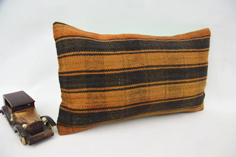 Handmade Kilim Cushion, 12x20 Orange Cushion, Decorative Throw Cushion Case, Ethnical Kilim Rug Pillow, Cushion, Antique Pillows - 2
