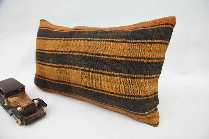 Handmade Kilim Cushion, 12x20 Orange Cushion, Decorative Throw Cushion Case, Ethnical Kilim Rug Pillow, Cushion, Antique Pillows - 3