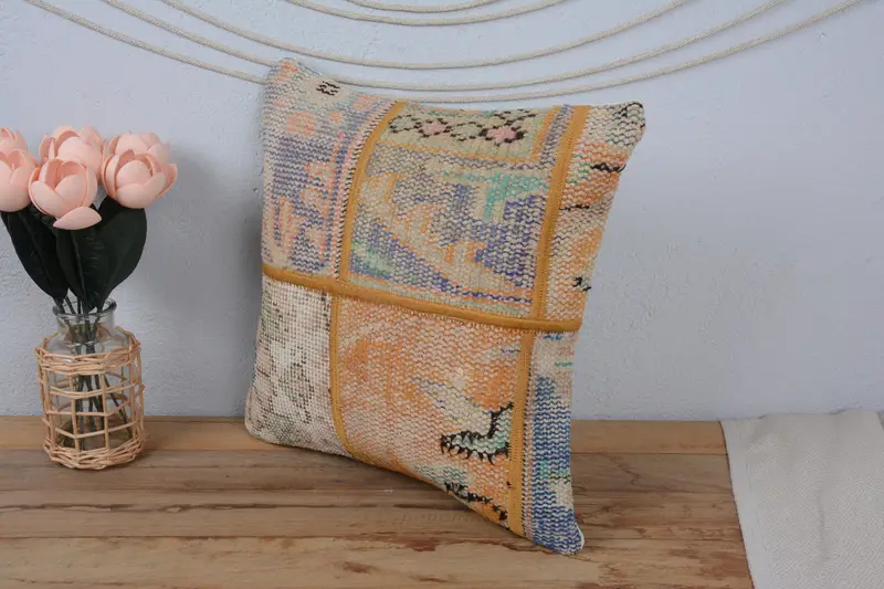 Cushion, Turkish Bench Pillow Cover, Vintage Kilim Throw Pillow, Gift Pillow, Pillow for Couch, Vintage Throw Pillow, 16x16 Blue Pillow Case - 4