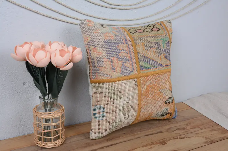 Cushion, Turkish Bench Pillow Cover, Vintage Kilim Throw Pillow, Gift Pillow, Pillow for Couch, Vintage Throw Pillow, 16x16 Blue Pillow Case - 1
