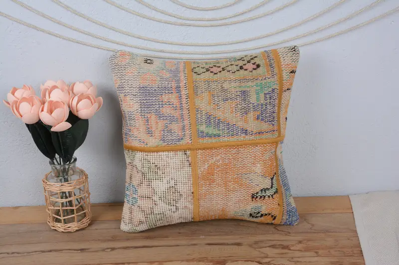 Cushion, Turkish Bench Pillow Cover, Vintage Kilim Throw Pillow, Gift Pillow, Pillow for Couch, Vintage Throw Pillow, 16x16 Blue Pillow Case - 2