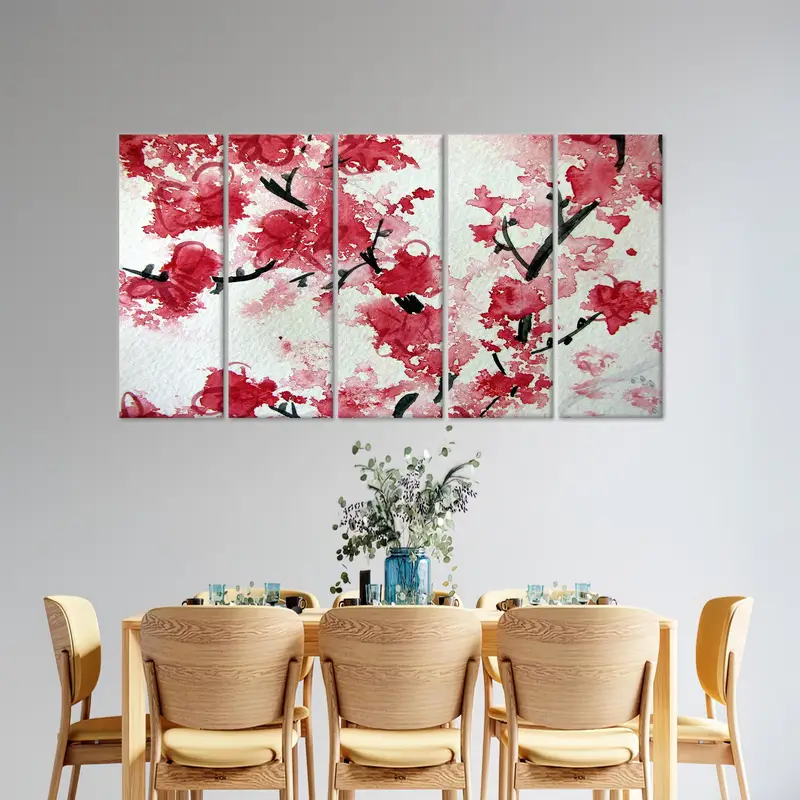 Kırmızı tuval dekor, çiçek duvar sanatı, çiçek sanat dekoru, Japon duvar sanatı, duvar asma sanatı, ev dekoru sanatı, tuval sanat dekoru, modern tuval - 1