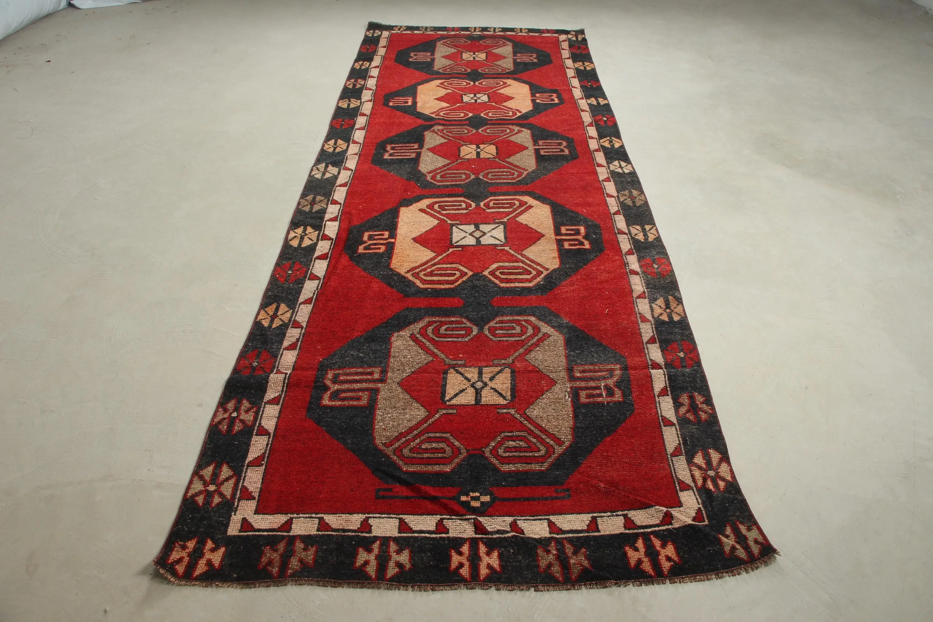 Turkish Vintage Rug 3.9x11.4 ft, Red Wool Rug - 1