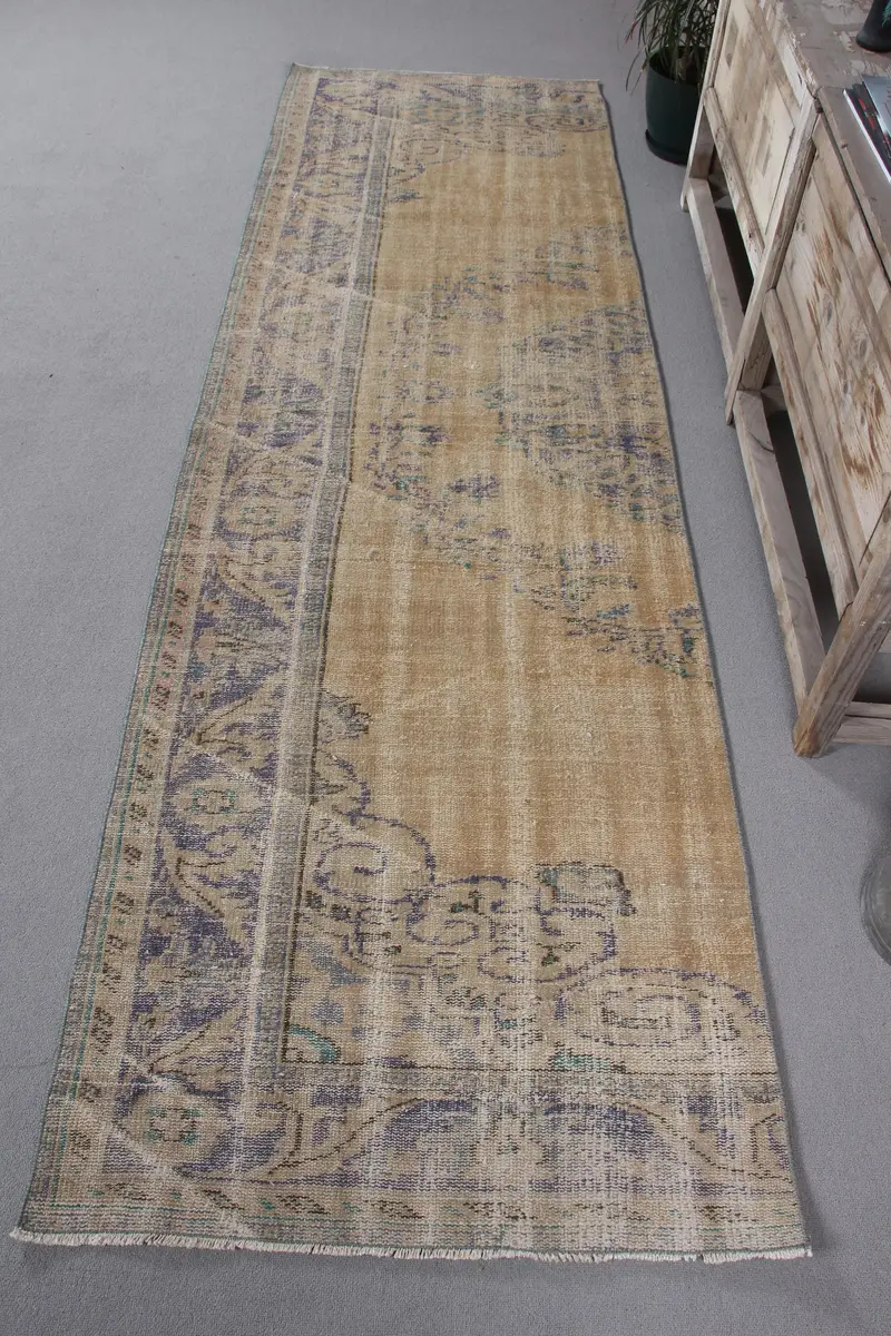 Turuncu, Mavi Kareli Halı, 2,9x9,6 ft Zarif Dekor