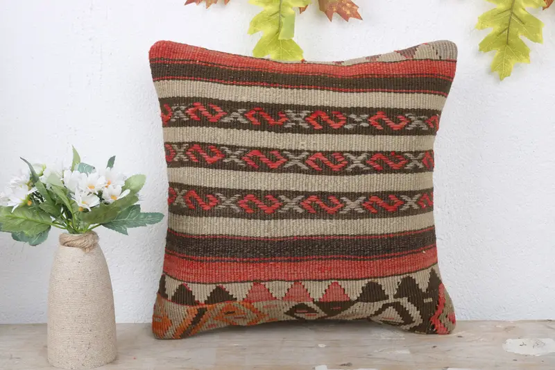 Pillow, Antique Pillows, Bohemian Cushion Pillow Cover, Vintage Pillow, 14x14 Red Cushion Case, Ethnical Kilim Rug Pillow - 2