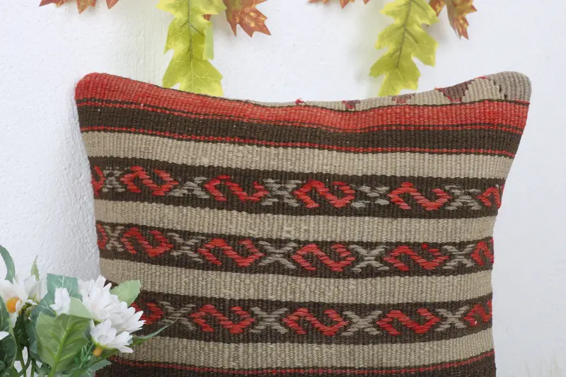 Pillow, Antique Pillows, Bohemian Cushion Pillow Cover, Vintage Pillow, 14x14 Red Cushion Case, Ethnical Kilim Rug Pillow - 5