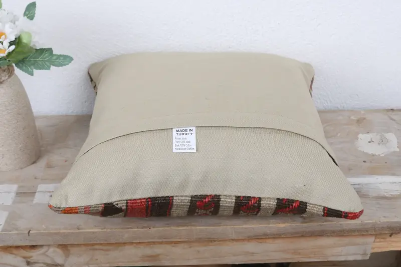 Pillow, Antique Pillows, Bohemian Cushion Pillow Cover, Vintage Pillow, 14x14 Red Cushion Case, Ethnical Kilim Rug Pillow - 7