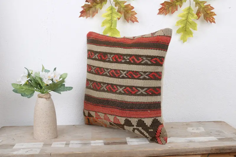 Pillow, Antique Pillows, Bohemian Cushion Pillow Cover, Vintage Pillow, 14x14 Red Cushion Case, Ethnical Kilim Rug Pillow - 4
