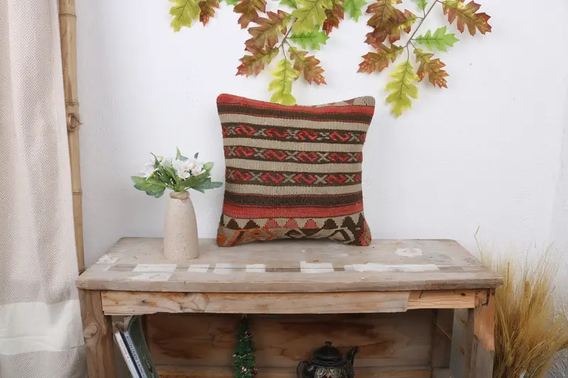 Pillow, Antique Pillows, Bohemian Cushion Pillow Cover, Vintage Pillow, 14x14 Red Cushion Case, Ethnical Kilim Rug Pillow - 1