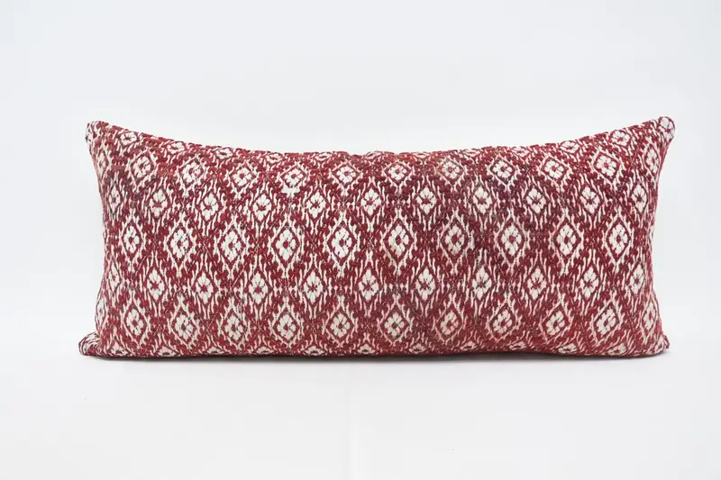 Turkish Wool Red Pillow Case, Moroccan Rectangle 16x36 inch Cushion - 1