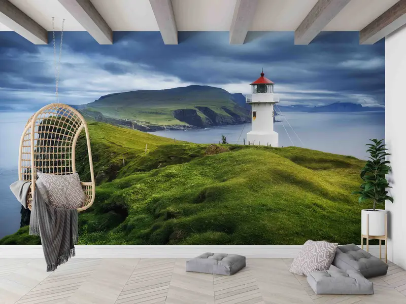 Mykines Deniz Feneri Faroe Adaları Baskılı Duvar Kağıdı: Doğa Deniz Manzaralı