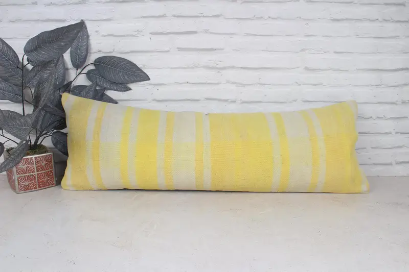 Bolster Throw Pillow, 12x36 Yellow Pillow Case, Kilim Cushion Sham, Vintage Kilim Throw Pillow, Interior Designer Pillow, Pillow Sham - 1
