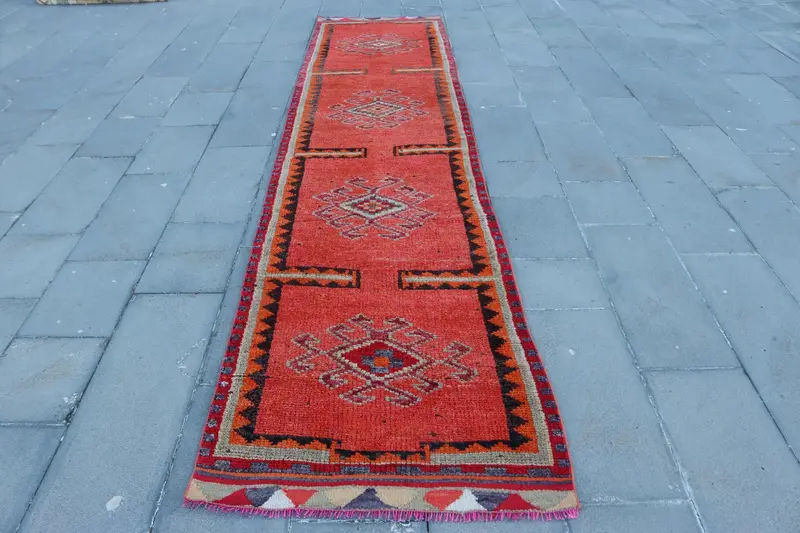 Vintage Türkischer Teppich 2,9x12,8 ft (89x391 cm), Herki Roter Südwestteppich - 1
