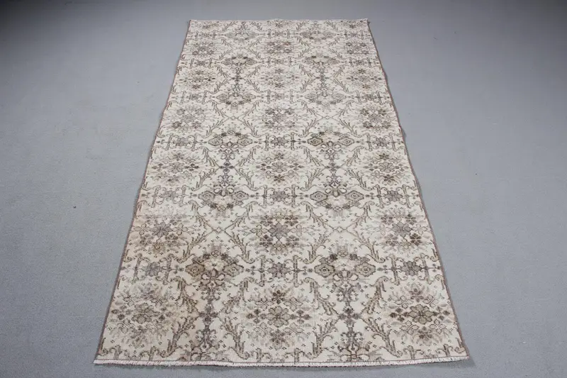 エレガントなベージュラグ、3.5x7.1フィートグリーンチェックデザイン