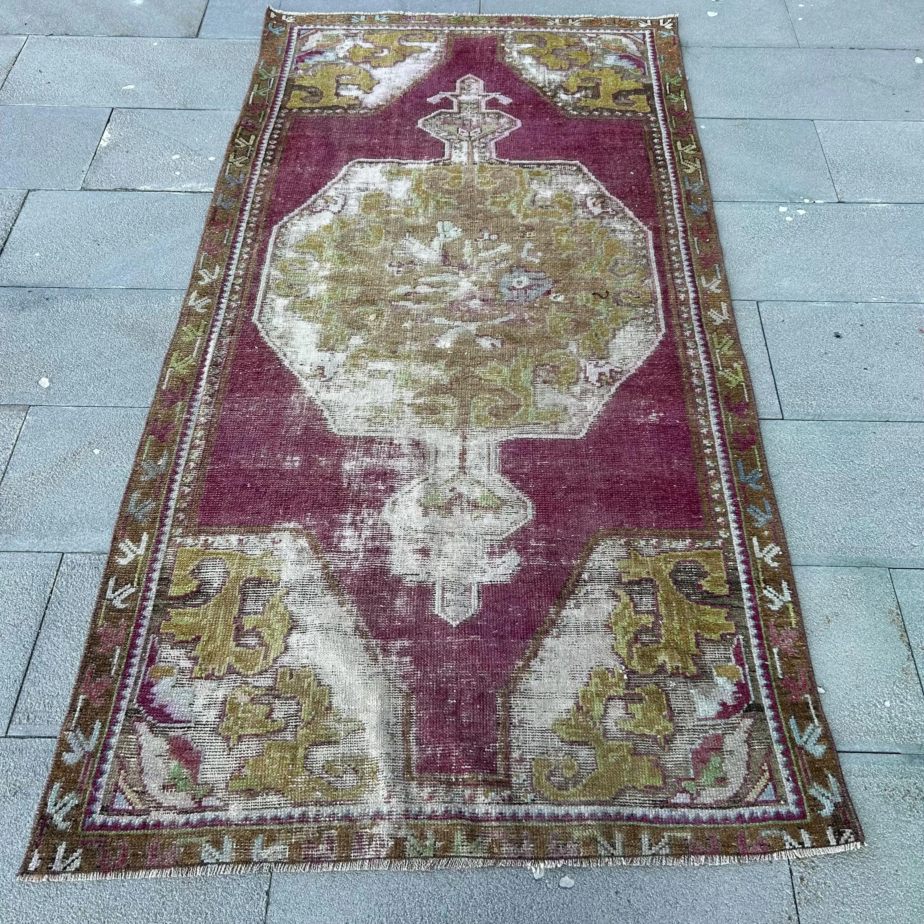 3.6x6.9 ft Vintage Rug, Red Floral Turkish Wool Rug - 1
