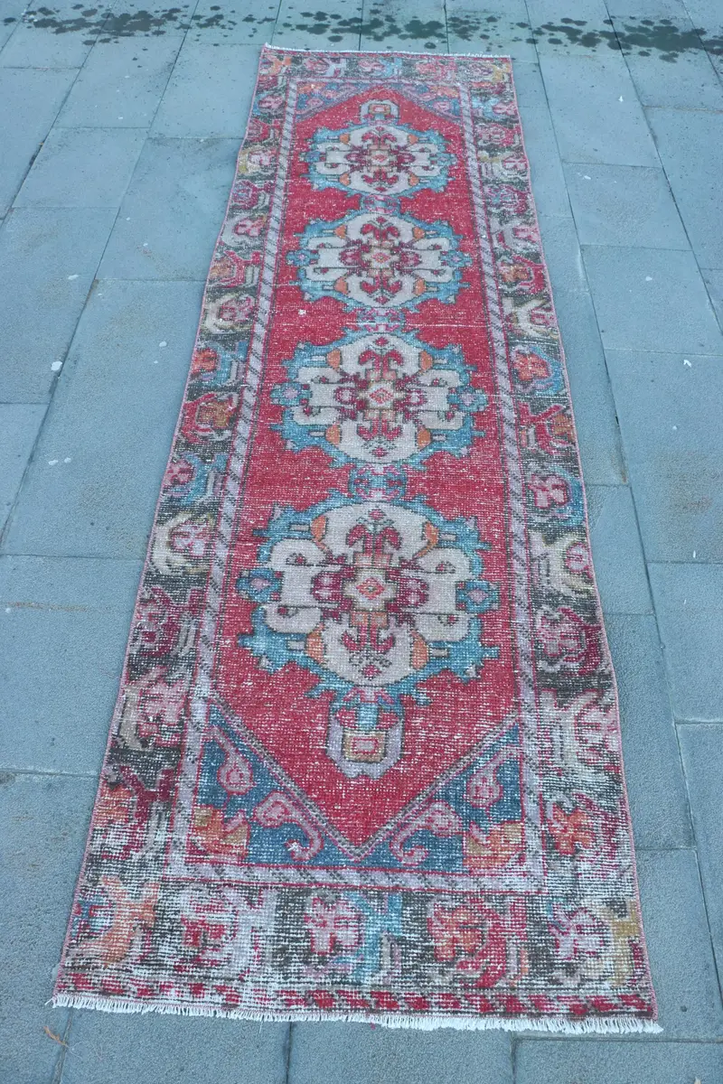 Vintage Türkischer Läuferteppich 2,7x9,3 ft, Oushak Roter Wollteppich - 1