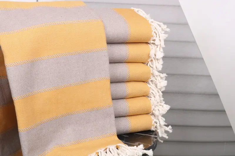 Turkish Beach Blanket Mustard-Beige Striped Organic Cotton, 36x65 Inches