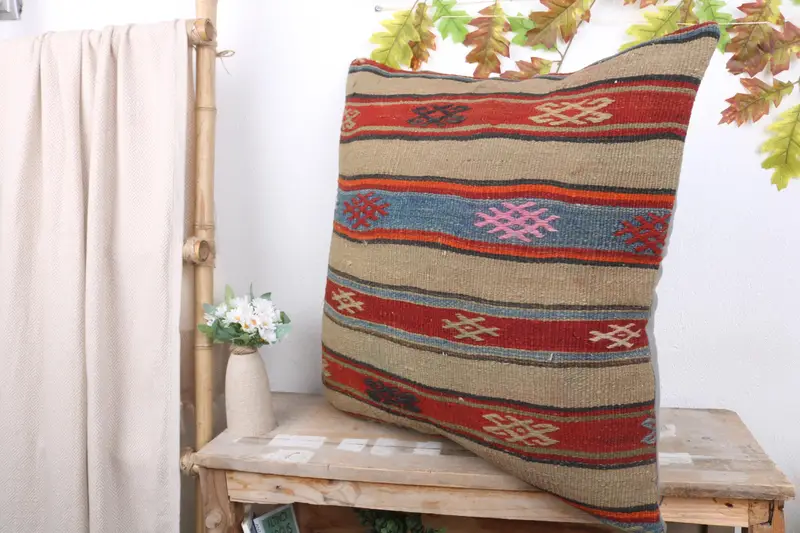 Pillow for Sofa, Aesthetic Pillow, 24x24 Red Cushion Cover, Throw Kilim Pillow, Accent Throw Pillow Case, Vintage Pillow, Cushion - 4