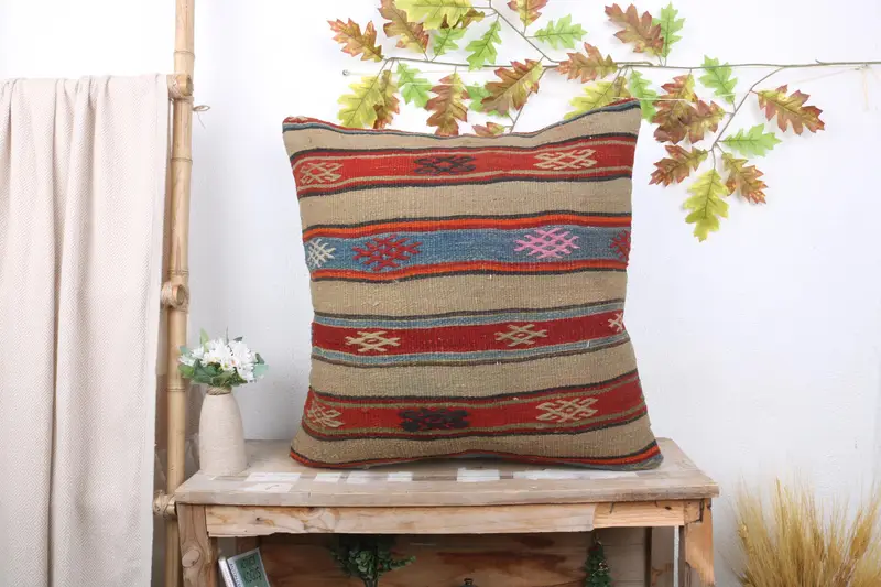 Pillow for Sofa, Aesthetic Pillow, 24x24 Red Cushion Cover, Throw Kilim Pillow, Accent Throw Pillow Case, Vintage Pillow, Cushion - 1