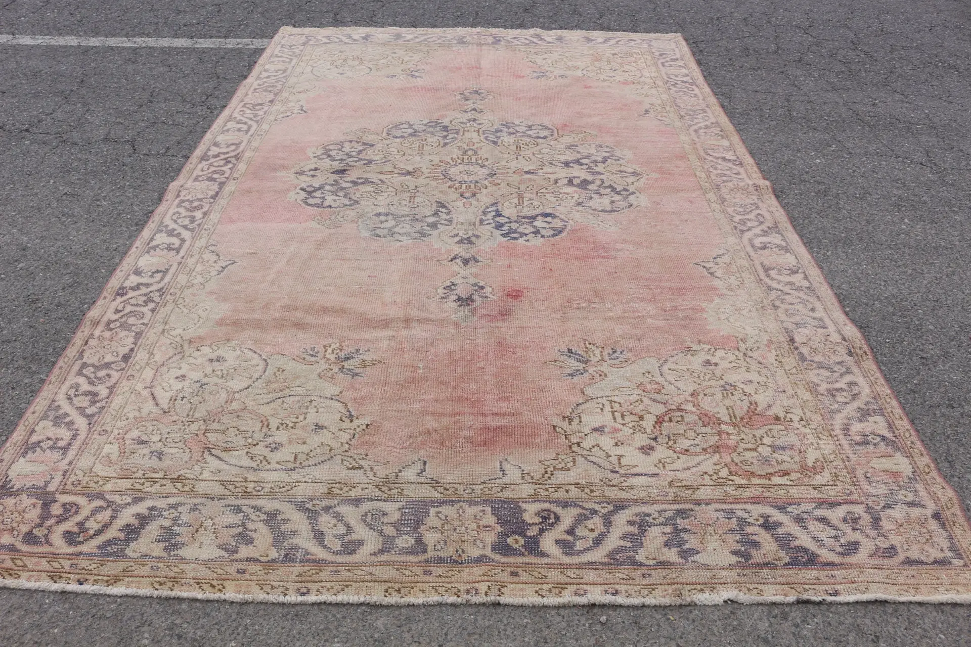 7.2x11.4 ft Vintage Oversize Rug, Turkish Pink Abstract Rug - 1