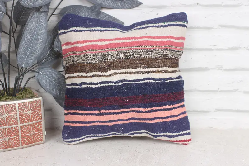 Office Chair Pillow, Authentic Pillow Cover, Turkish Kilim Pillow, Kilim Cushion Sham, 12x12 Blue Pillow Case, Handmade Kilim Cushion, Pillow Sham - 1