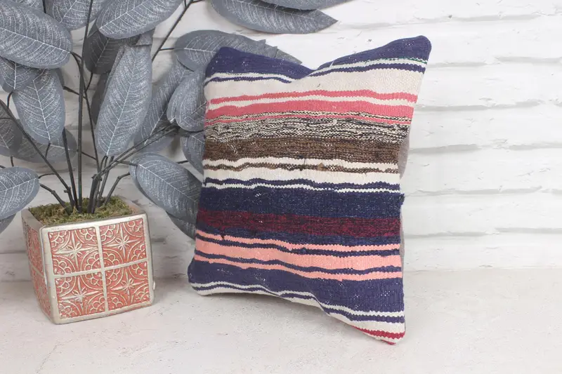 Office Chair Pillow, Authentic Pillow Cover, Turkish Kilim Pillow, Kilim Cushion Sham, 12x12 Blue Pillow Case, Handmade Kilim Cushion, Pillow Sham - 3