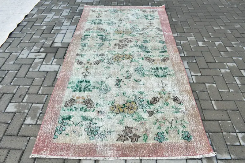 Turkish 4.1x7.7 ft Area Rug, Vintage Rug, Oushak Green Solid Rug - 1