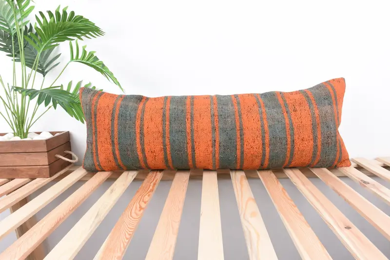 Cushion, Custom Cushion, 12x36 Orange Pillow Cover, Kilim Pillow, Kilim Pillow Cover, Square Throw Pillow Sham, Handmade Kilim Cushion - 1
