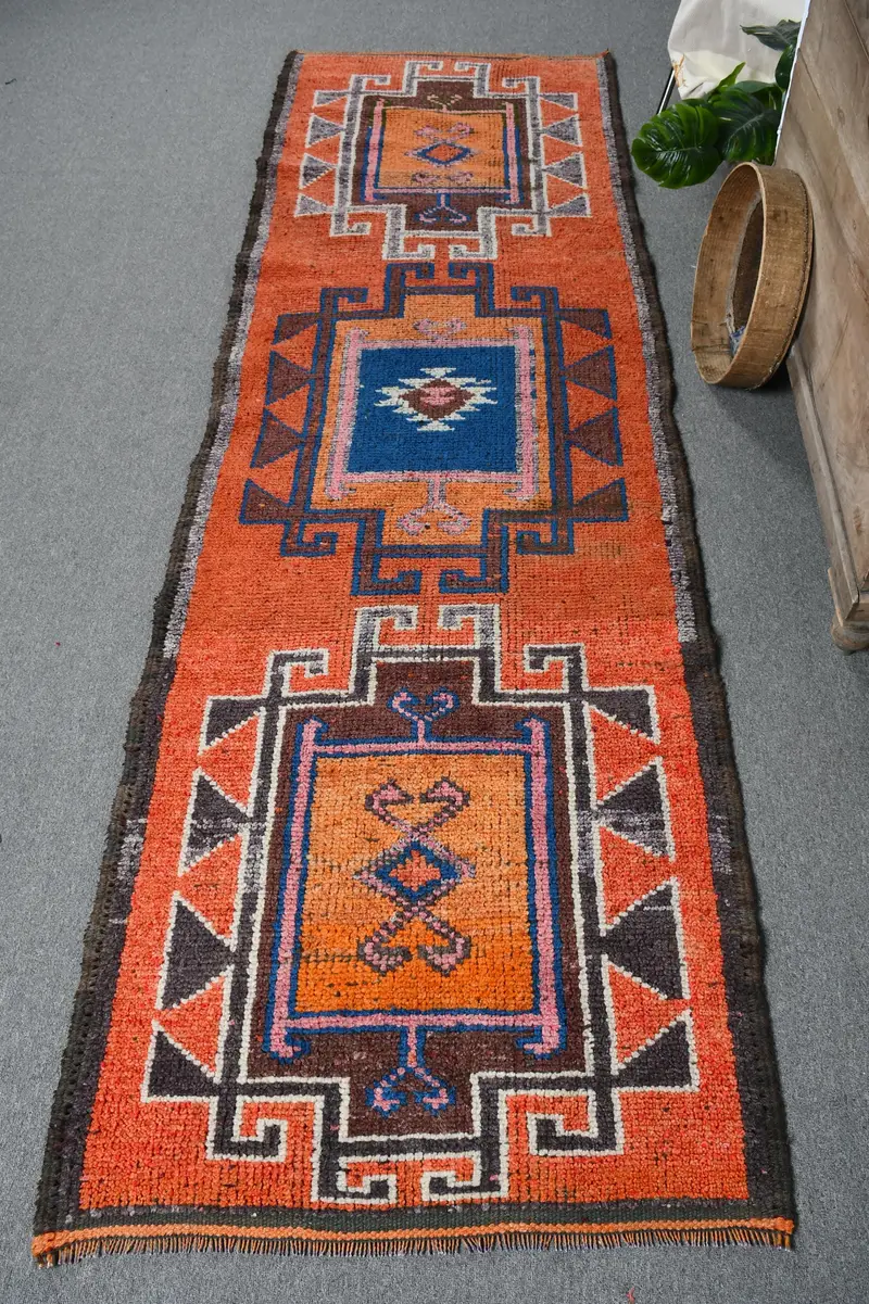 Alfombra roja y naranja, 3x9,7 pies floral y geométrica