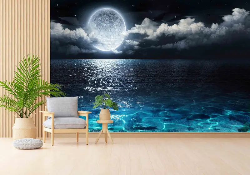 Moderne bedruckte Tapete: Meer und Mond, Vollmondansicht, trendiges Design