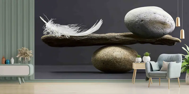 Elegante bedruckte Tapete: Balance, Stein, Federdesign