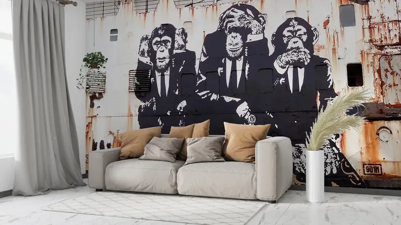 Zarif Banksy Maymunu Graffiti Baskılı Duvar Kağıdı - Sanatsal Dekor