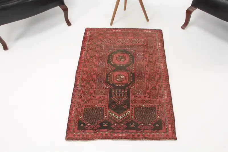 Vintage Oushak Rug 2.4x3.6 ft (74x109 cm), Red Floral Turkish Rug - 1
