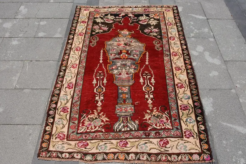 3.8x5.5 ft Turkish Rug, Vintage Accent Rug, Red Floral Wool Rug - 1