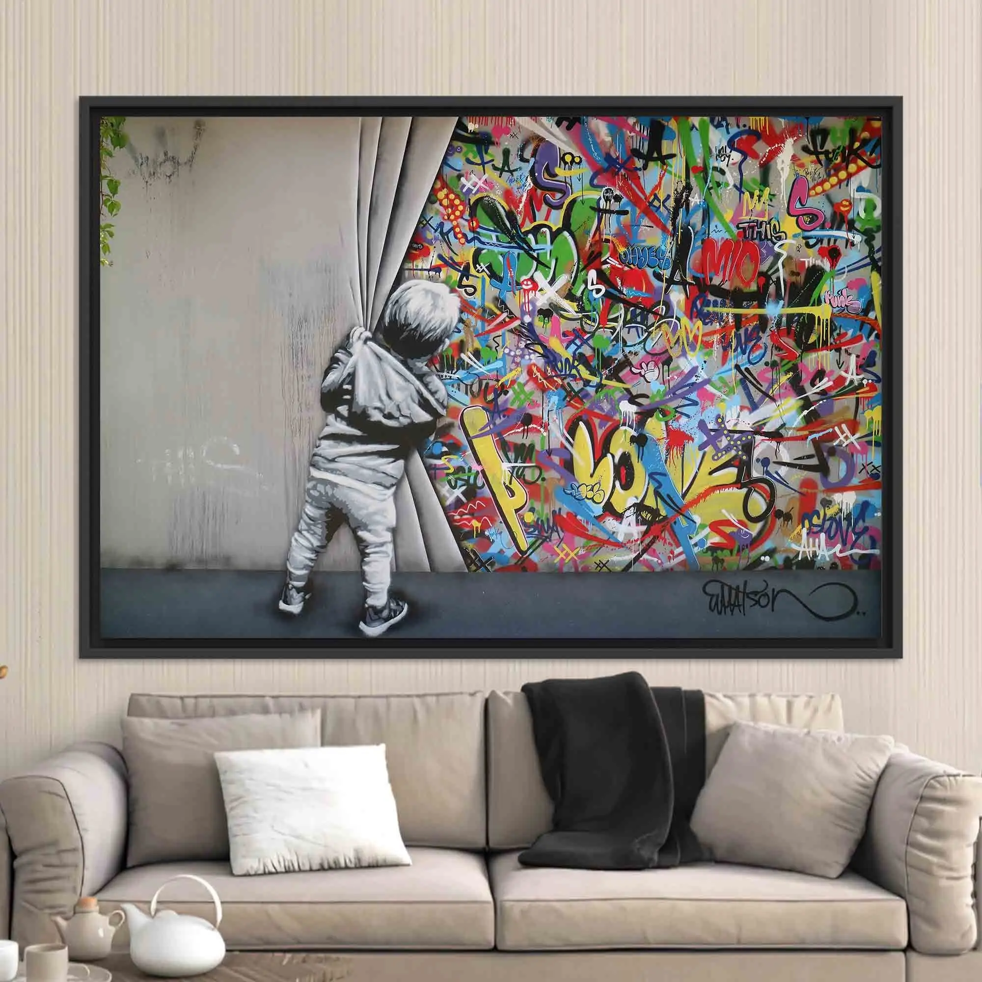 Vibrant Banksy Boy Graffiti Canvas Print - Modern Art Decor - 1
