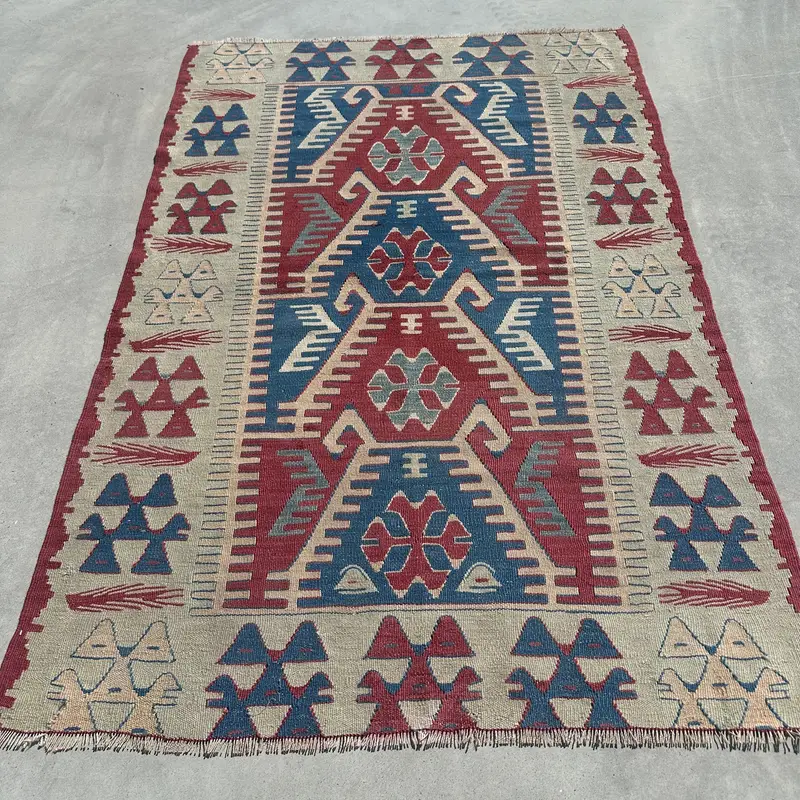 3.7x5.3 ft Kilim Rug, Turkish Vintage Rug, Beige Blue Floral Rug - 1