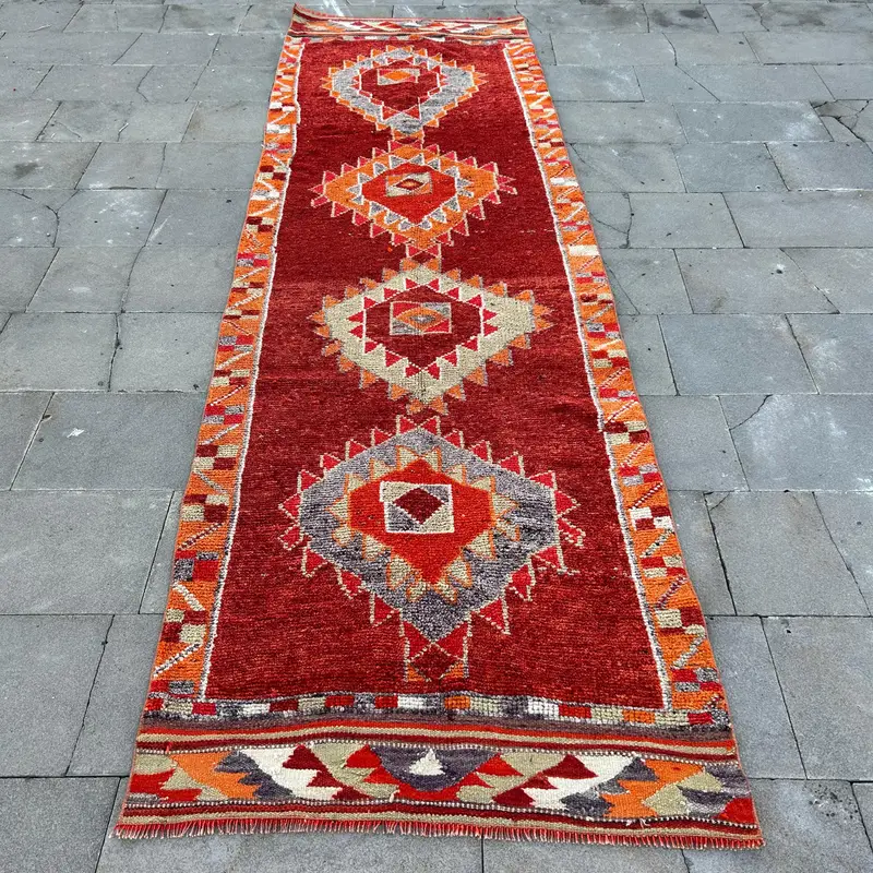 3,2x10,6 ft Herki Teppich, Türkischer Vintage Teppich, Rot Orange Tierdruck Teppich - 1