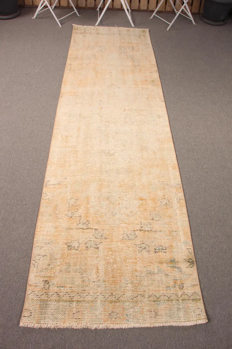 Canlı 2,8x9,7 ft Turuncu Halı, Yeşil Desenli İkat Desenli