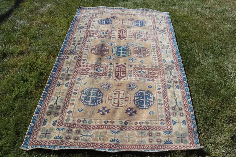 Turkish Vintage Rug 4.3x7 ft (131x214 cm), Oushak Blue Solid Rug - 1