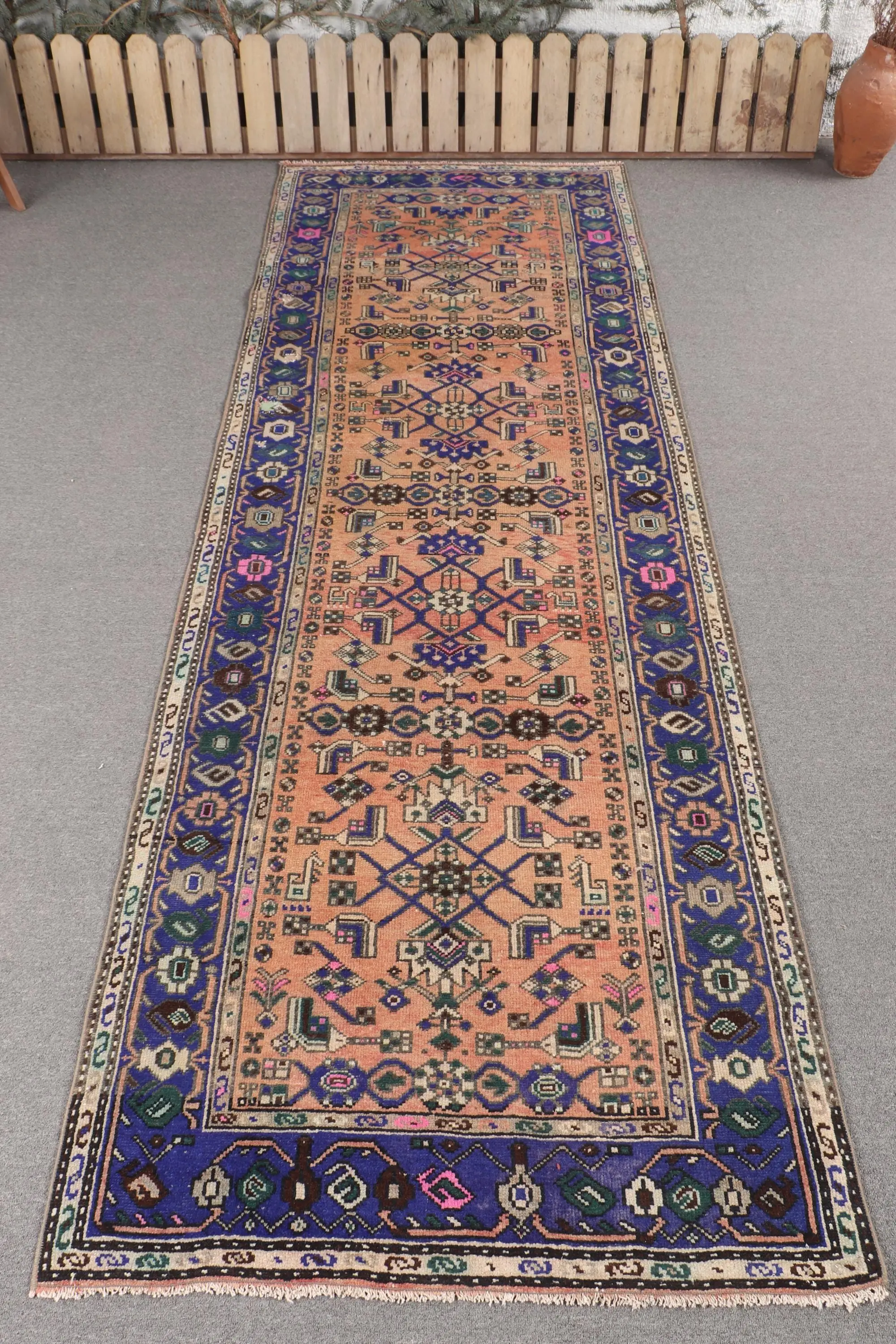 Vintage Runner Rug 3.5x10 ft, Blue Striped Turkish Wool Rug - 1
