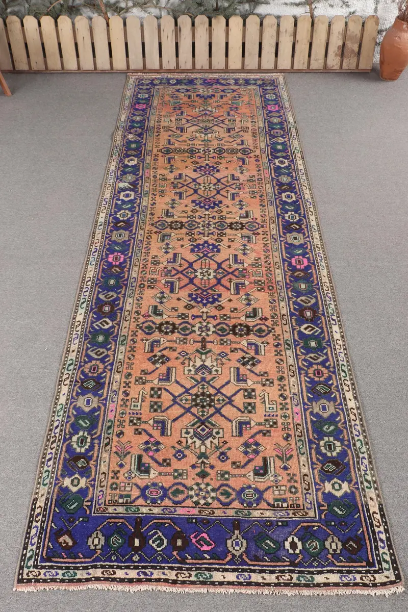 Handmade Orange & Blue Rug, 3.5x10 ft Striped Geometric