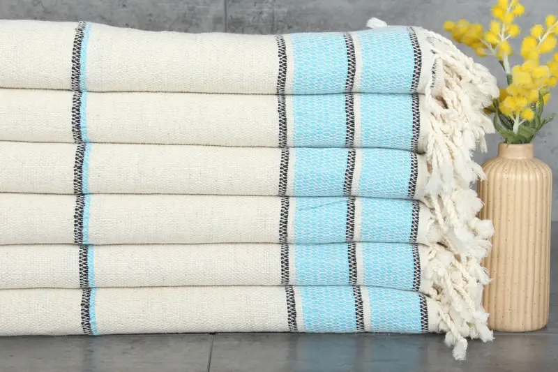 Turkish Beach Towel Turquoise Striped Linen, 36x71 Inches