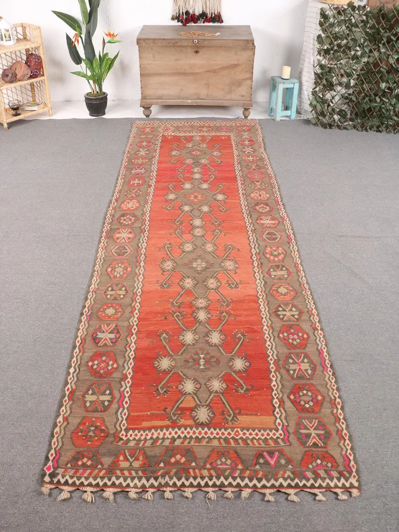 Orange Animal Print Rug, 3.7x11.5 ft Gray Accent