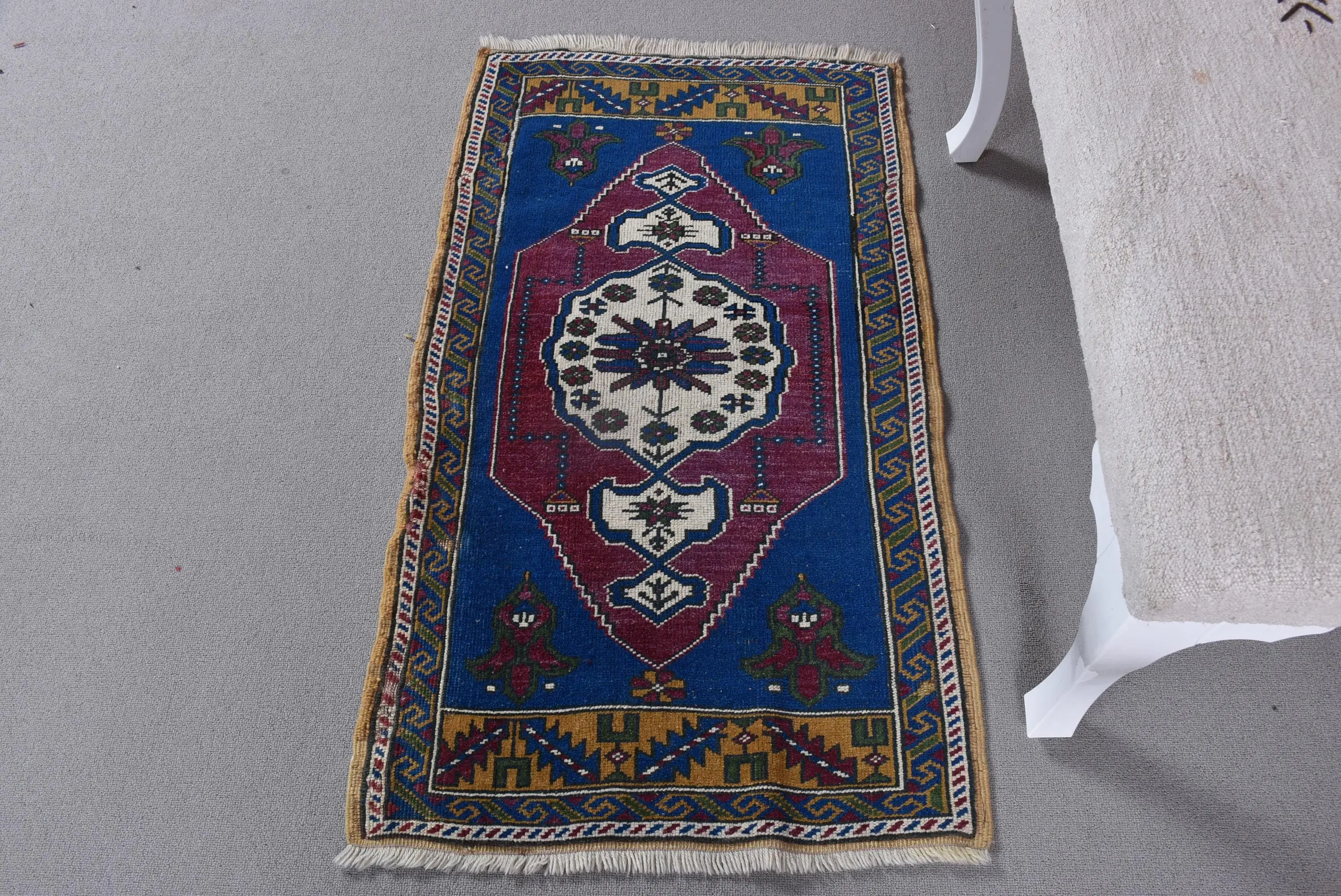 Turkish Vintage Rug 2.2x3.8 ft (66x115 cm), Blue Floral Wool Rug - 1