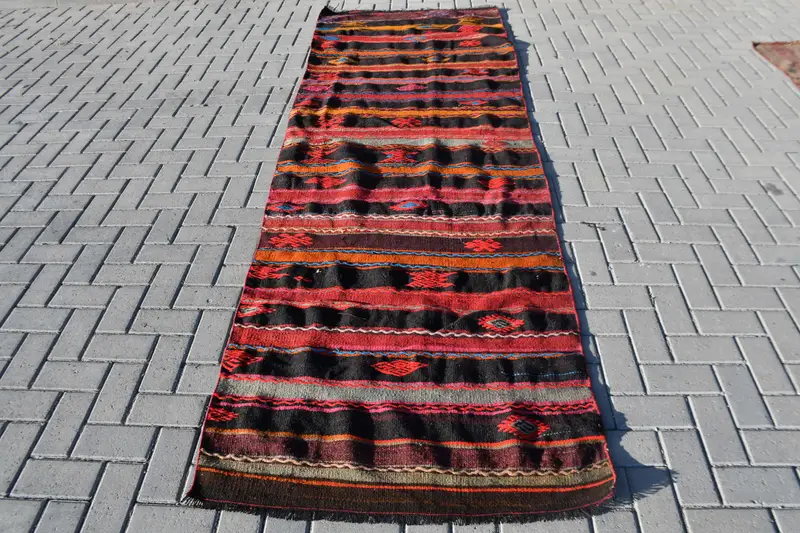 Kilim Rug, 3.2x10.5 ft Vintage Rug, Red Bordered Rug Wool - 1