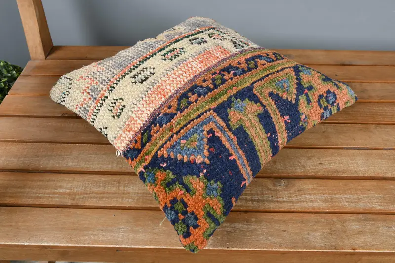 Pillow Case, Personalized Gift Pillow Cushion Cover, Antique Pillows, Turkish Pillow, Vintage Kilim Pillow, 14x14 Blue Pillow Case - 2
