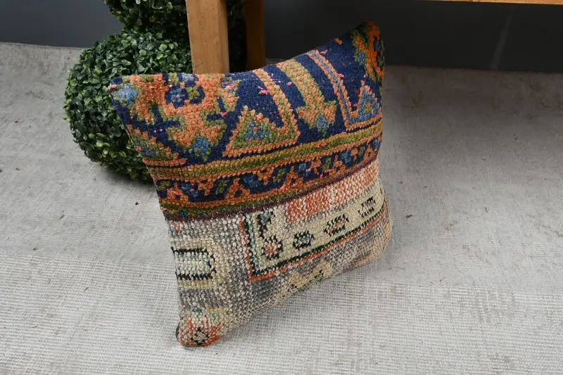 Pillow Case, Personalized Gift Pillow Cushion Cover, Antique Pillows, Turkish Pillow, Vintage Kilim Pillow, 14x14 Blue Pillow Case - 7