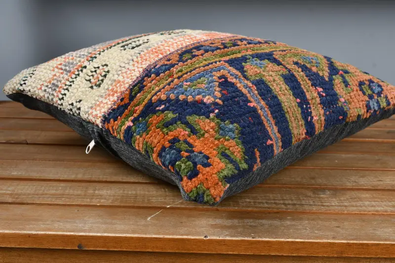 Pillow Case, Personalized Gift Pillow Cushion Cover, Antique Pillows, Turkish Pillow, Vintage Kilim Pillow, 14x14 Blue Pillow Case - 4