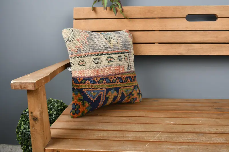 Pillow Case, Personalized Gift Pillow Cushion Cover, Antique Pillows, Turkish Pillow, Vintage Kilim Pillow, 14x14 Blue Pillow Case - 1